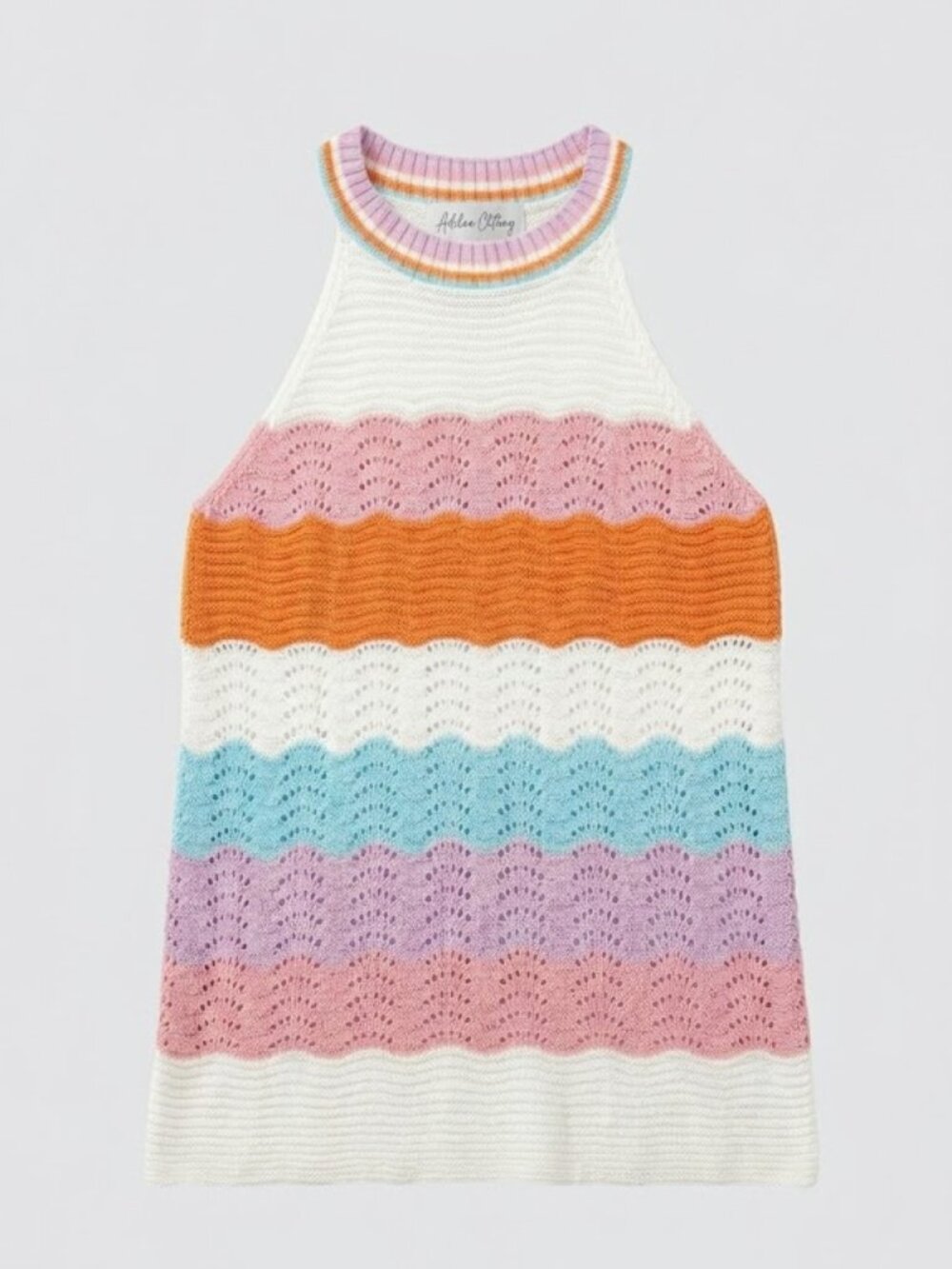 Boho Crochet Knit Halter Top Pastel Striped Festival Pointelle Cami Tank Large